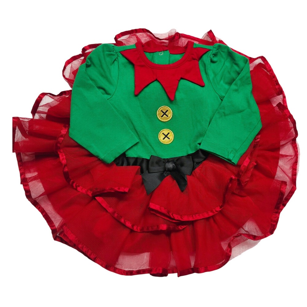 Koala Kids Elf Tutu Dress Baby Girl 6-9M Green Red Holiday Costume Long Sleeve